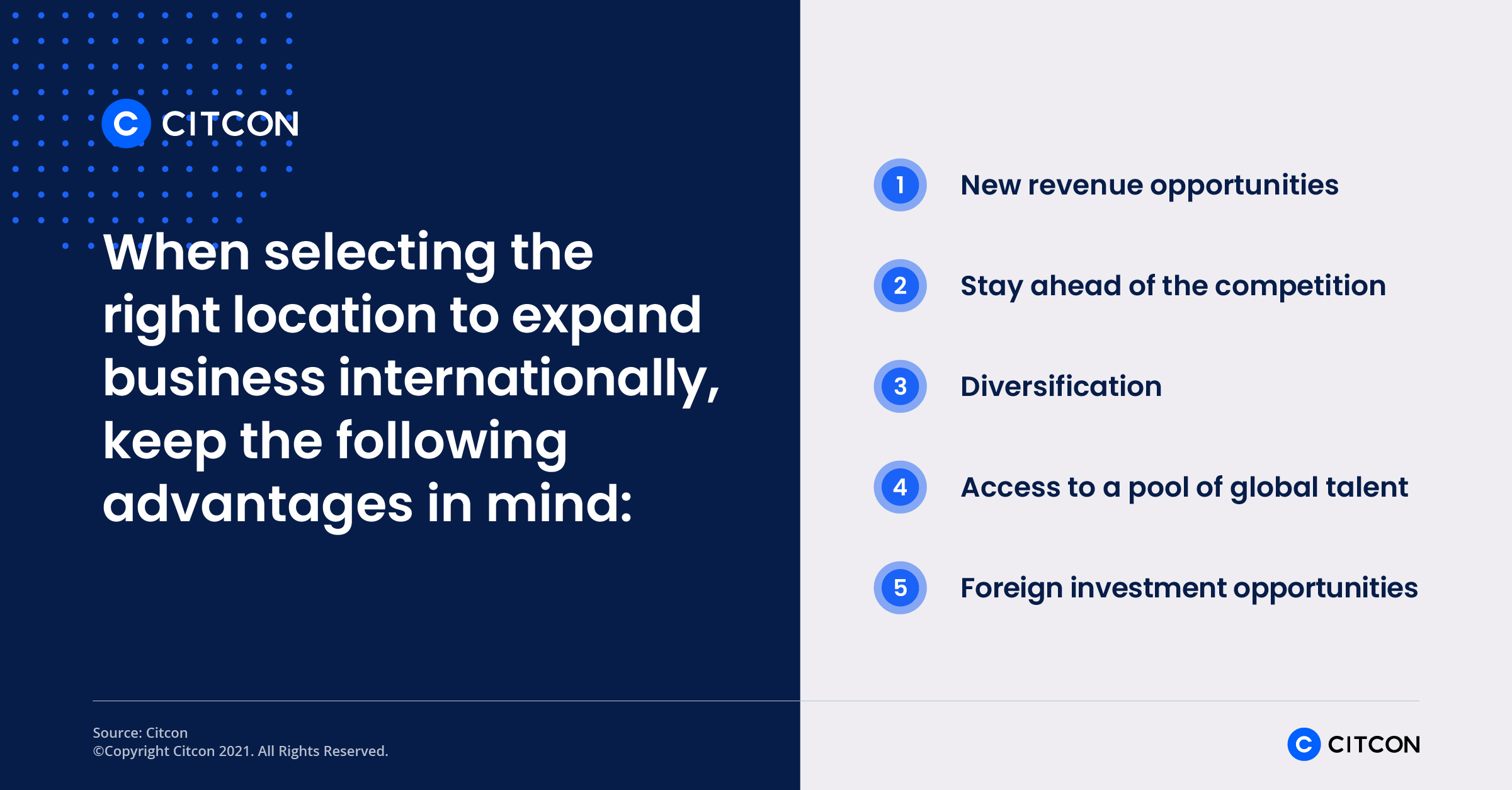 When selecting the right location to expand business internationally, keep these five advantages in mind.